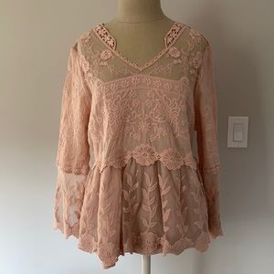 Blush pink lace long sleeve peplum S